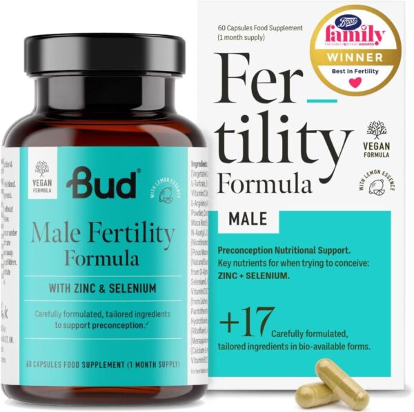 Bud Male Fertility Supplement | Natural Fertility Vitamins for Men | Maca + Zinc, Selenium & L-carnitine for Sperm Quality & Male Reproductive Health | 60 Capsules - Made in UK