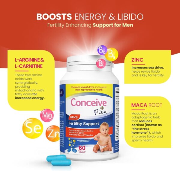 Conceive Plus Fertility Supplements for Men - Optimal Sperm Count & Motility - Maca, L-Arginine, Zinc, Folate Folic Acid & Magnesium - Conception Vitamins for Men, 60 Capsules, 30 Day Supply